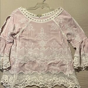 Democracy Top Embroidered Crochet Boho 3/4th Bell Sleeve Scoop neck Scallop Hem